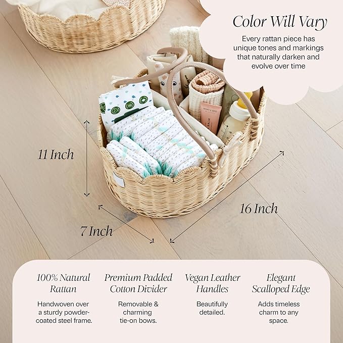 BEBE BASK Premium Baby Diaper Caddy Organizer - Handmade & Award-Winning Scalloped Rattan Basket - Luxury Diaper Caddy Basket - Elegant Scalloped Edge (Natural)