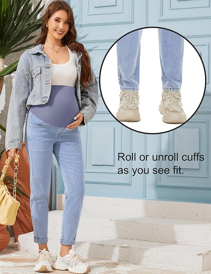 POSHGLAM Women's Maternity Jeans Over Belly Comfy Stretch 28'' Boyfriend Jeans Loose Pregnancy Pants, S-XXL