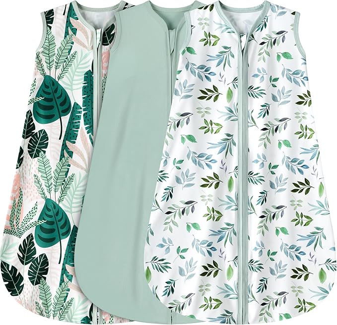 3 Pack Baby Sleep Sack 12-18 Months 100% Rayon Cotton Baby Sleeping Bag 2-Way Zipper Toddler Wearable Blankets Comfy Stretchy TOG 0.3 Lightweight（Banana&leaf&green）