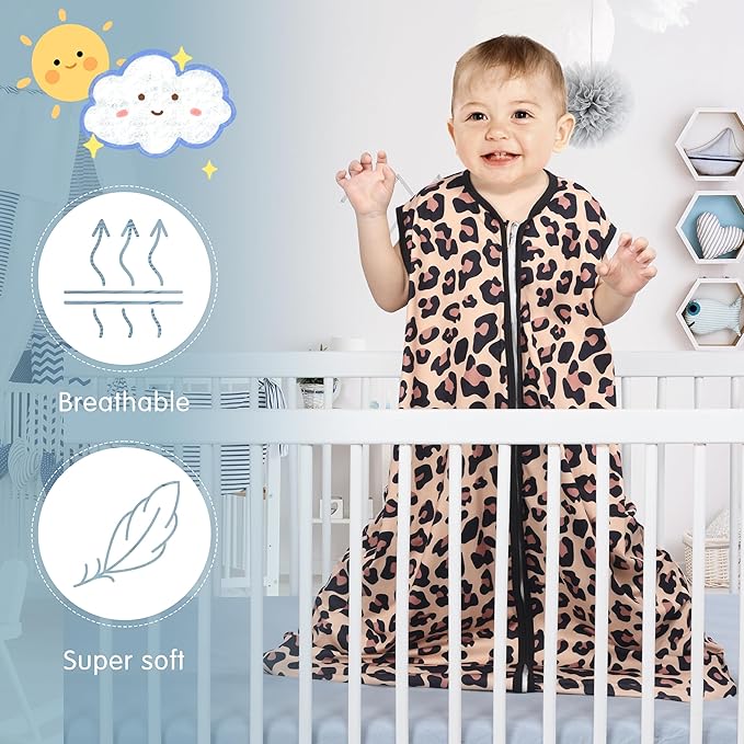 3 Pack Baby Sleep Sack 100% Rayon Cotton Baby Sleeping Bag 2-Way Zipper Toddler Wearable Blankets TOG 0.3. (Leopard&Cobble&Green, 6-12 Months)