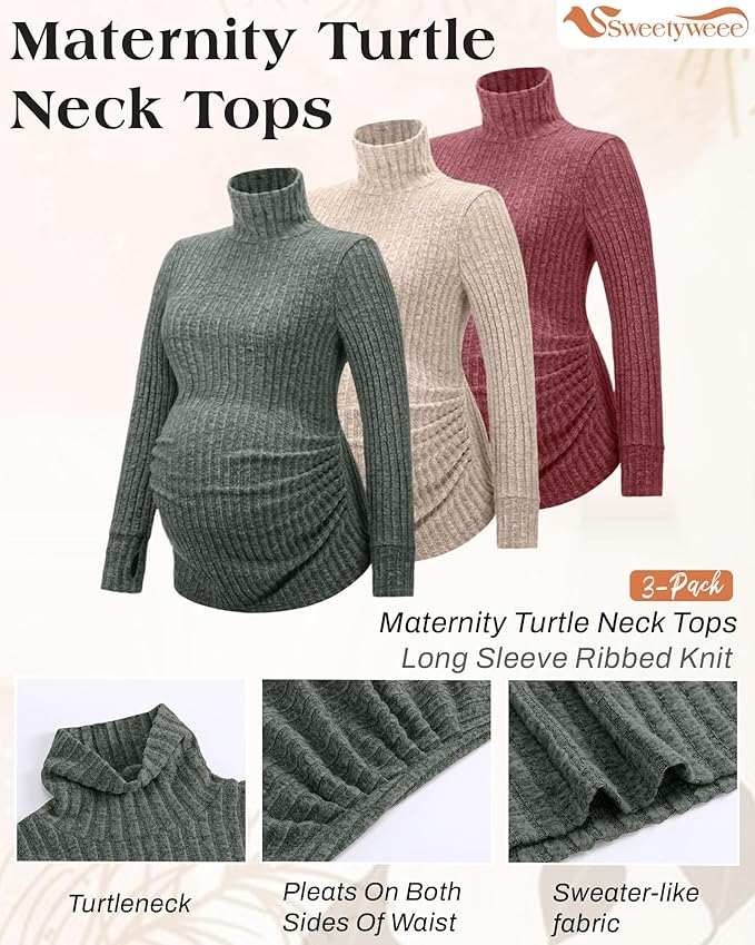 3 Pack Maternity T-Shirts Pregnancy Tops Women Sweater Long Sleeve Turtleneck Ribbed Finger Sleeve Outfits