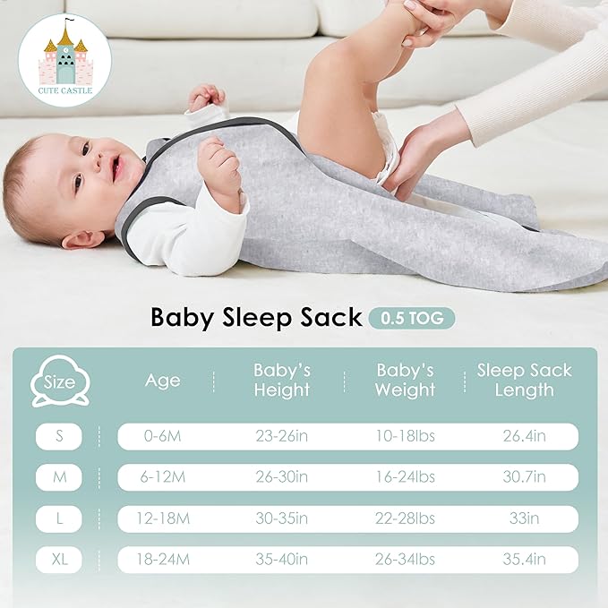 Cute Castle Baby Sleep Sack 12-18 Months - Lightweight 100% Cotton 2-Way Zipper TOG 0.5 Infant Wearable Blanket, Newborn Essentials Toddler Sleep Clothes, 3 Pack(Dark gray, Light gray, Bear)