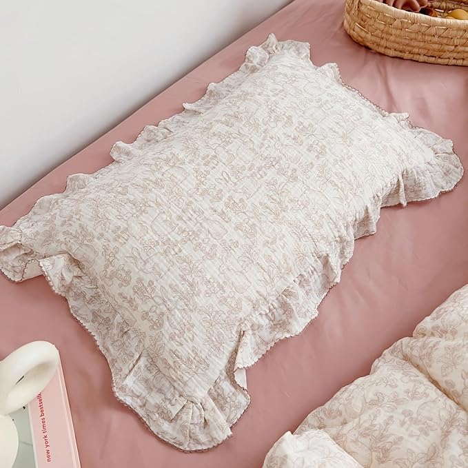 BuLuTu 100% Cotton Muslin Toddler Pillowcase with Ruffles Edges, Cute Rabbit Pattern Toddler Pillow Cover Soft Breathable Gauze Cotton Kids Pillow Cases for Boys,Girls, 1 Piece, 14"x20"