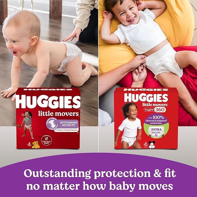Huggies Size 6 Baby Diapers, Little Movers HuggFit 360° Baby Diapers with 360° Waistband, Size 6 (35+ lbs), 48 Count, Packaging May Vary