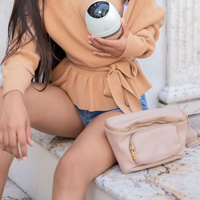 Zomee Fit Wearable Breast Pump, Hands Free, Portable,Discrete Electric Double Breast Pump - Holds 5 oz - Wireless 2+ Hours Battery Leak Proof Anti Backflow -Fanny Pack with Diaper Chaning Pad (Tan)