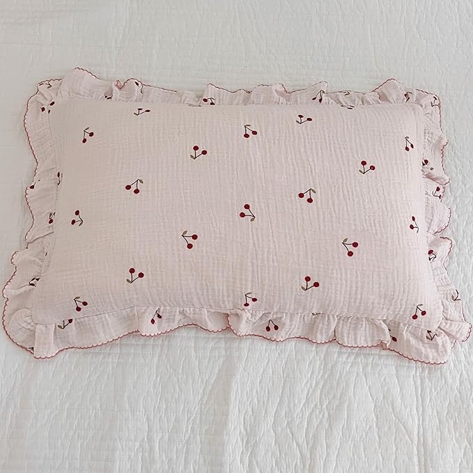 BuLuTu Cotton Muslin Ruffle Edge Kids Toddler Pillowcase Standard,Cherry Pattern Soft Travel Pillow Nursery Pillowcase for Boys,Girls,Bedding Decor Machine Washable, Durable Pillowcase 1 Piece