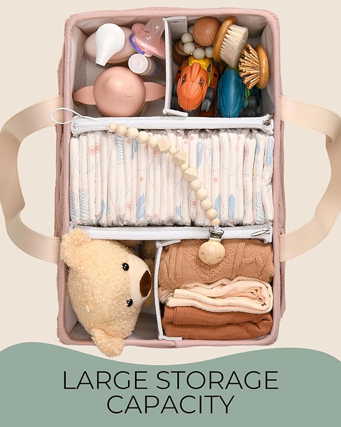 Baby Diaper Caddy Organizer with Portable Changing Mat - Teddy Fleece Diaper Organizer for Changing Table - Basket for Changing Essentials - Baby Essentials Organizer with Removable Dividers