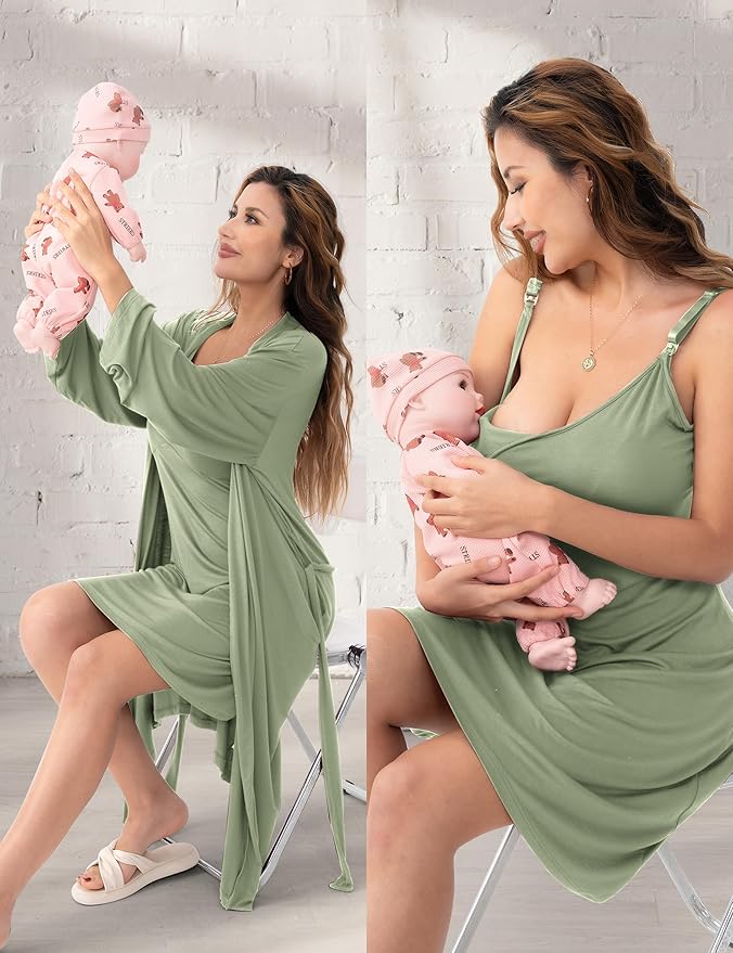 SUNNYBUY Women's Nursing Nightgown Maternity Robe Set, 3 in 1 Labor Delivery Breastfeeding Dress Postpartum Sleepwear