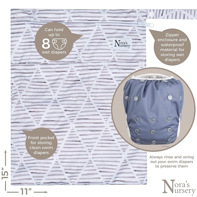 Nora's Nursery Reusable Swim Diapers and Wet Bag - One Size Fully Adjustable - Laguna Unisex 3 Pack with Wet Bag