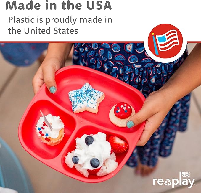 Re-Play Toddler Plates with Dividers - Deep-Walled 3 Compartments Divided Plates for Kids - Dishwasher & Microwave Safe - Made in USA - Set of 3-7.37" x 7.37" x 1.25" - Cool Blue