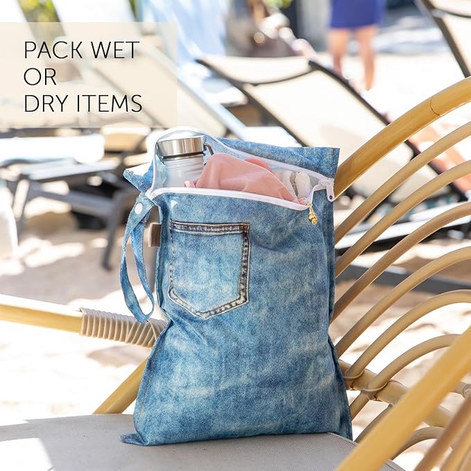 Bumkins Roamio Travel Set – Waterproof Wet Bag, Wet/Dry Clutch, 3 Clear TSA Pouches – Reusable Organizers for Swim, Gym, Toiletries, Baby Gear, Pump Parts, Beach, Pool, Travel, Faux Denim 5-pc Set