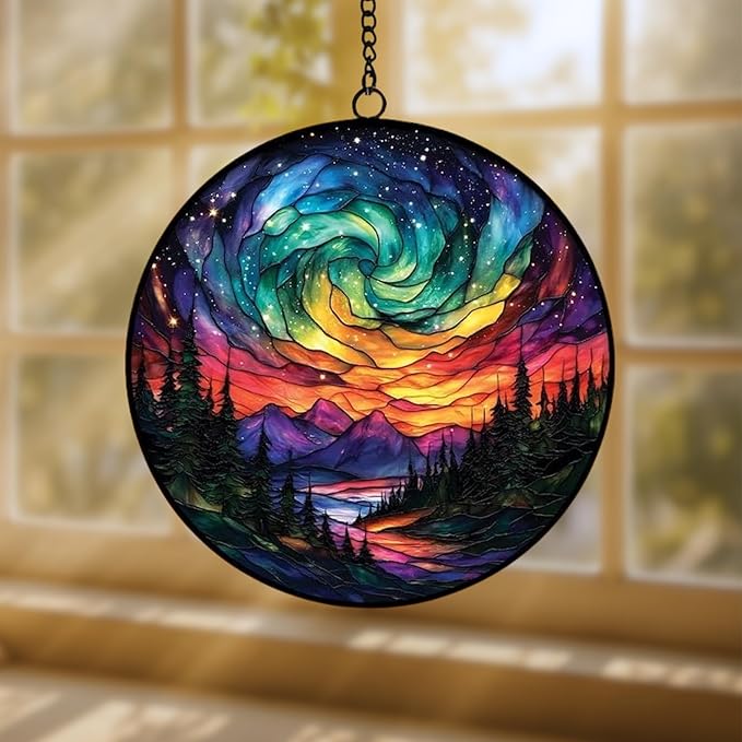 Northern Lights Aurora Acrylic Suncatcher Stained Glass Effect Window Car Hanging Christmas Ornament Indoor Outdoor Decor Garden Sun Catcher Panel for Nature Lover for Women Mom Grandma