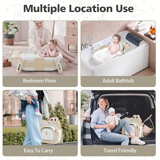 TPN Collapsible Baby Bathtub, Baby Bath Tub with Soft Cushion & Real-Time Thermometer, Baby Bathtub Infant to Toddler Tub (0-36 Months), Portable Travel Baby Tubs for Newborns (Beige)