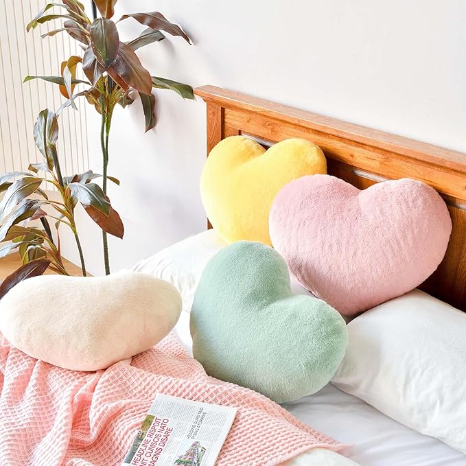Sage Green Heart Pillows, Cute Heart Decorative Pillow, Heart Shaped Throw Pillows for Bed, Faux Rabbit Fur Plush Hoom Decor Pillow Cushion for Chair Sofa Living Room (Mini 12.9" x 9.8")