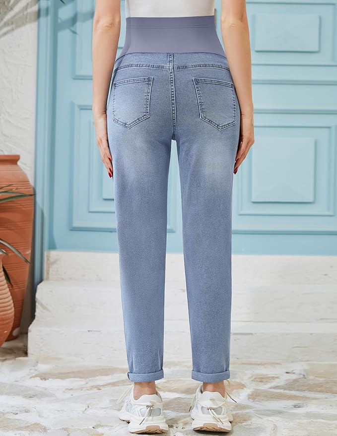 POSHGLAM Women's Maternity Jeans Over Belly Comfy Stretch 28'' Boyfriend Jeans Loose Pregnancy Pants, S-XXL