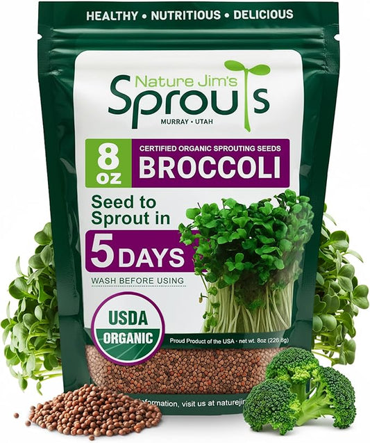 Nature Jims Sprouts Organic Broccoli Seeds for Sprouting – Certified Non-GMO, Rich in Sulforaphane, Swift-Growing Microgreen Seeds for Nutritious Broccoli Sprouts – Ideal for Indoor/Outdoor Use – 8oz