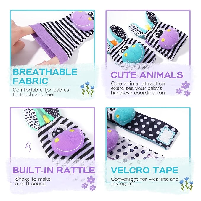 Baby Rattle 0-6 Months, Infant Rattle Socks Toys, Soft Newborn Sensory Toys,Infant Wrist Rattles for Babies 0-6 Months,Baby Gifts 6-12 Months（Purple）