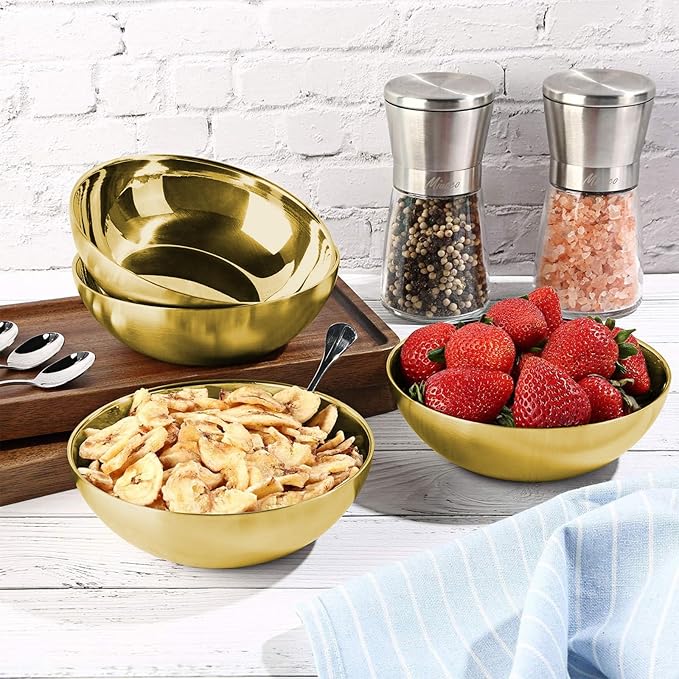 Stainless Steel Bowls for Kids, 18/8 Stainless Steel Toddler Bowl, BPA-Free, Durable & Easy Clean, 4 Pack - 14.5 oz Perfect for Baby Meals, Snacks, Serving and Travel & Home Use, Gold