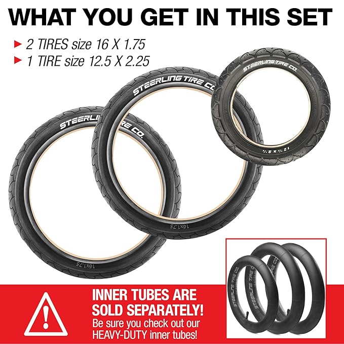 Two 16" x 1.75 Rear and One 12.5" x 2.25 Front Wheel Replacement Tires for Jogging Strollers - The Perfect BOB Stroller Tire Replacement Set by Steerling Tire Co. (3-Pack)