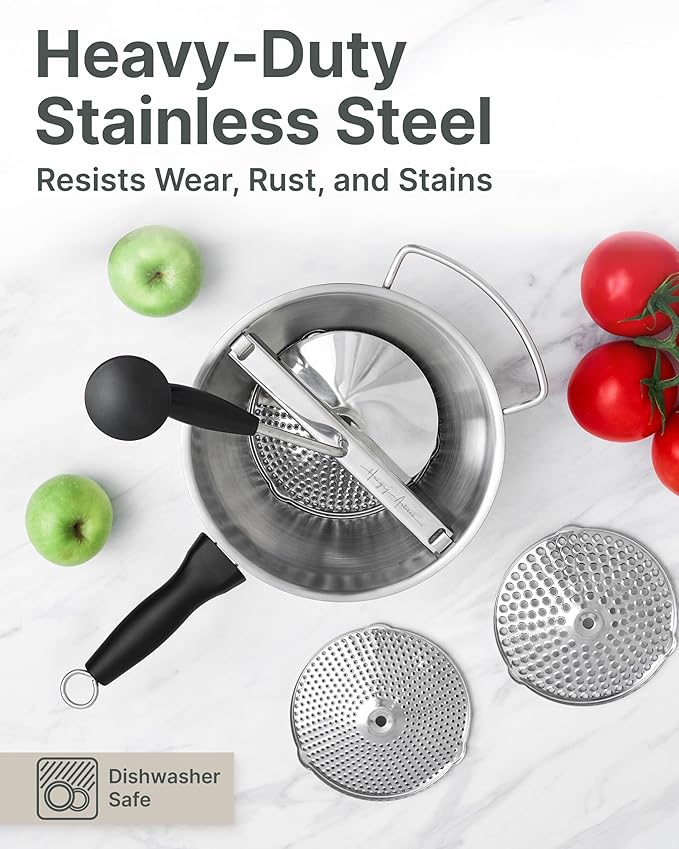 Stainless Steel Food Mill with Detachable Handles – Hand Crank Grinder for Baby Food, Tomato Sauce & Mashed Potatoes – Includes 3 Discs – Easy to Use & Clean – Great for Home Chefs, Parents & Canning