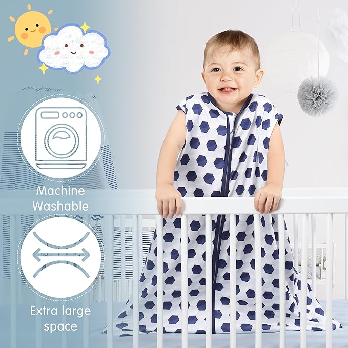 3 Pack Baby Sleep Sack 100% Rayon Cotton Baby Sleeping Bag 2-Way Zipper Toddler Wearable Blankets TOG 0.3. (Soccer&Triangles&Blue, 18-24 Months)