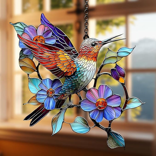 Colorful Hummingbird Acrylic Suncatcher Stained Glass Effect Window Car Hanging Christmas Ornament Indoor Outdoor Decor Garden Sun Catcher Panel for Bird Lover for Women Mom Grandma