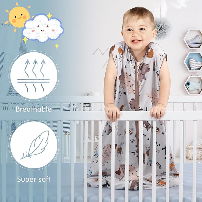 3 Pack Baby Sleep Sack 100% Rayon Cotton Baby Sleeping Bag 2-Way Zipper Toddler Wearable Blankets TOG 0.3. (Fox&Dinosaurs&Dark gray, 6-12 Months)