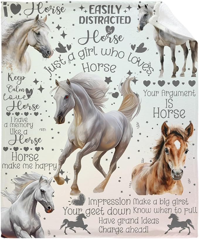 Horse Throw Blanket for Women Men Flowers Animals Blanket Gifts for Adults Cute Horse Lightweight Blanket 60X80 Inches for Bed All Season