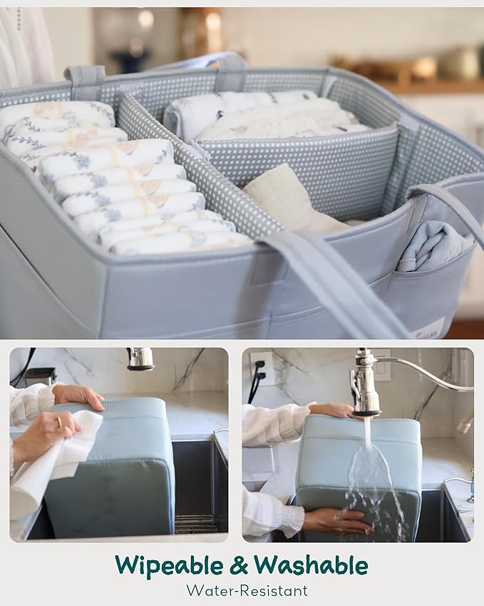 Lily Miles Diaper Caddy Organizer with 8 Pockets, Wipeable Baby Caddy Basket for Diapers and Wipes, Baby Registry Favorites, Nursery Tote Bag for Changing Table or Car (Heather Grey, Large)