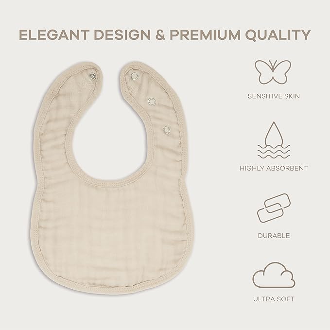 Comfy Cubs Muslin Bibs for Babies, Pack of 8 - Soft and Highly Absorbent, Feeding, Drool and Teething Bib, Adjustable Snaps - Stylish & Colorful Unisex Designs, Giftable Set - Sand