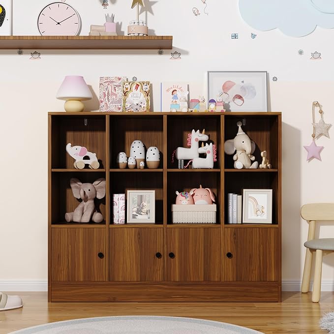 Brown Bookshelf, Wood Bookcase with 3 Tier Shelves, 12 Cube Storage Organizer with Doors for Bedroom, Living Room, 47.8" W x 39.1" H