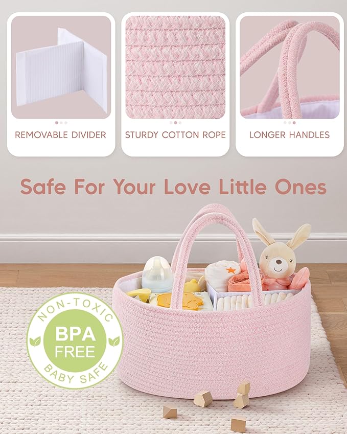 Maliton Baby Diaper Caddy Organizer, Cotton Rope Diaper Caddy Basket, Large Storage Basket for Newborn Boys and Girls, Gift for Baby Shower List, Newborn Essentials