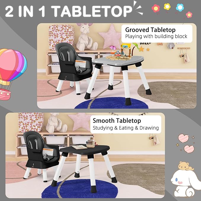 Baby High Chair, 8 in 1 Convertible Highchairs for Babies and Toddlers, Children Dining Booster Seat/Kids Building Block Table for Girls Boys, Baby Seat with Removable Tray, Grey