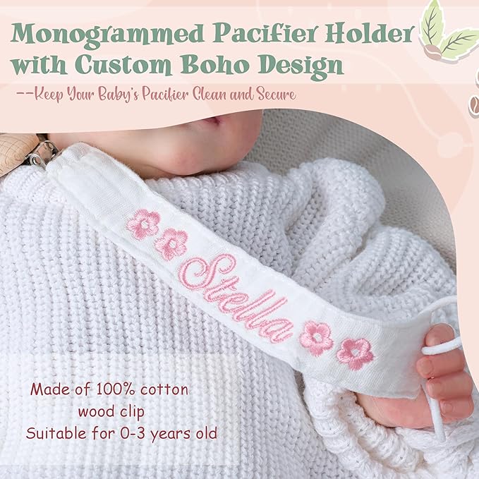 Personalized Bohemian Pacifier Clip Embroidered with Name is The Perfect Newborn Gift Made from eco-Friendly Bamboo! (Pink)