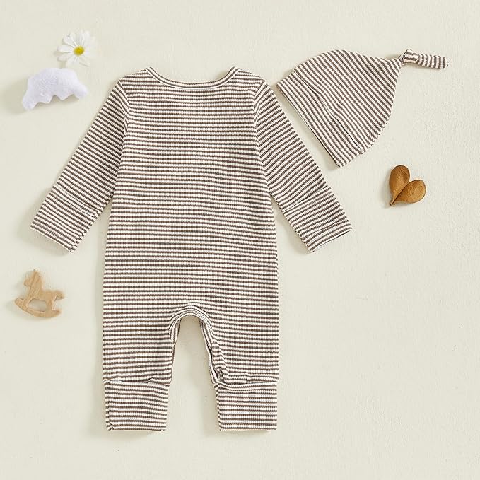 Fernvia Newborn Baby Boy Clothes Letters Print Bodysuit 3 6 9 12 18 Months Long Sleeve Jumpsuit with Hat 2PCS Outfits Set