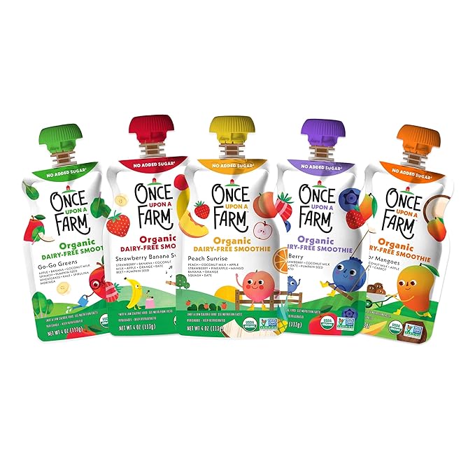Once Upon a Farm Pouches, Dairy-Free Smoothie Variety Pack, Strawberry, Apple, Banana, Coconut Milk, Mango, Peach, USDA Certified Organic, Non-GMO, Cold-Pressed, No Sugar Added, Variety Pack of 24