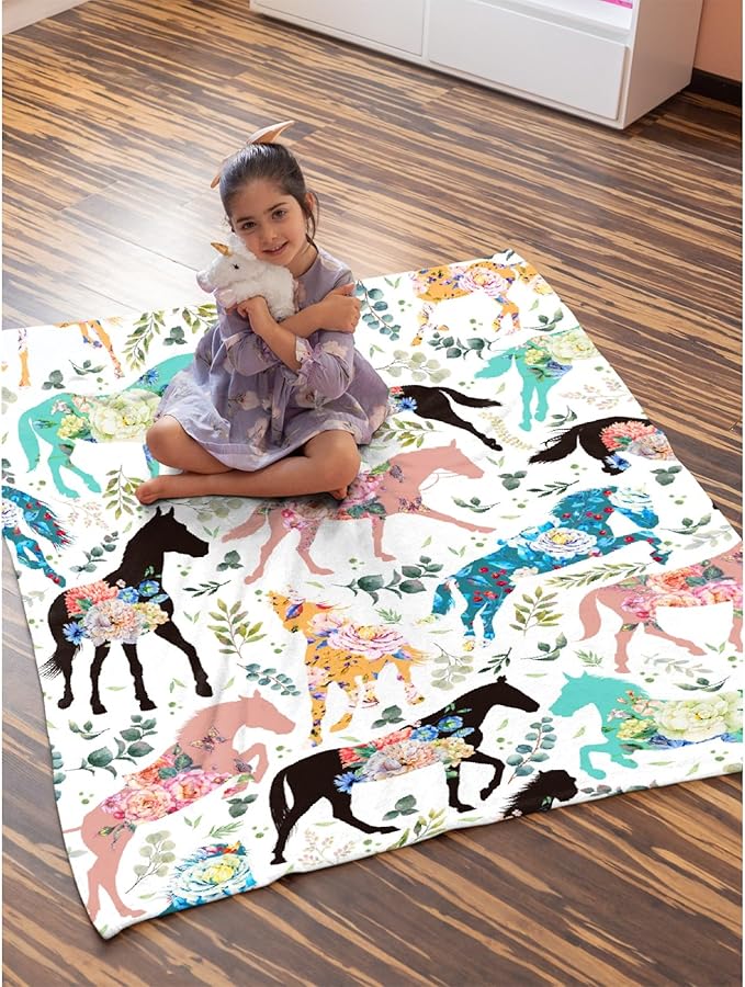 Colorful Floral Horse Blanket for Adults,Flowers Animals Throw Blanket for Girls Boys Lightweight Cute Horse Soft Cozy Flannel Blanket for Kids 90 * 120 Inches