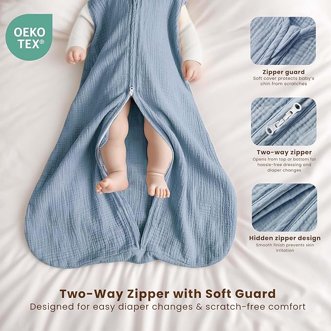 Konssy Muslin Baby Sleep Sack 0-6 Months 0.8 TOG, 2 Pack 100% Cotton Wearable Blanket for Babies, 2-Way Zipper Breathable Sleeping Sack Infant Toddler Essentials for Girls and Boys (Star, Blue)