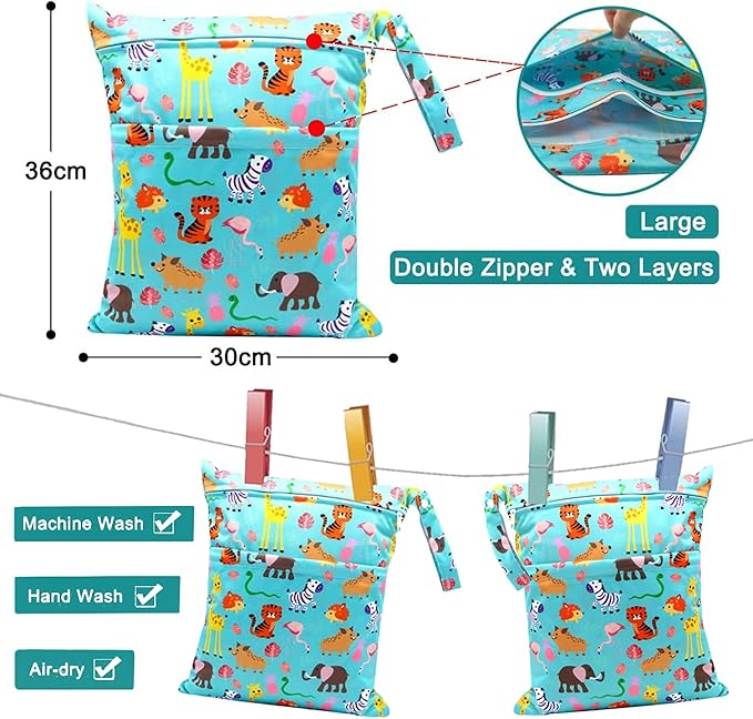 Baby Disposable Diaper Bags Diaper Sacks 120 Count 9x13 inch THICK & NO LEAK and Waterproof & Washable Diaper Wet Dry Bag (12x14 inch) and Diaper Sacks Dispenser