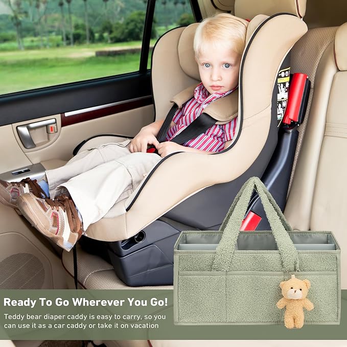 Diaper caddy, wipes, and baby essentials. Versatile as a changing table organizer or car caddy. Portable and stylish in green. Comes with a gift bag—ideal for baby showers