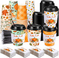 Lallisa 100 Sets Fall Thanksgiving Coffee Cup Bulk with Lid Disposable 12 oz Fall Hot Cups Paper and Sleeves Straws, Autumn Drinking Supplies for Holiday Party(Stylish Style)