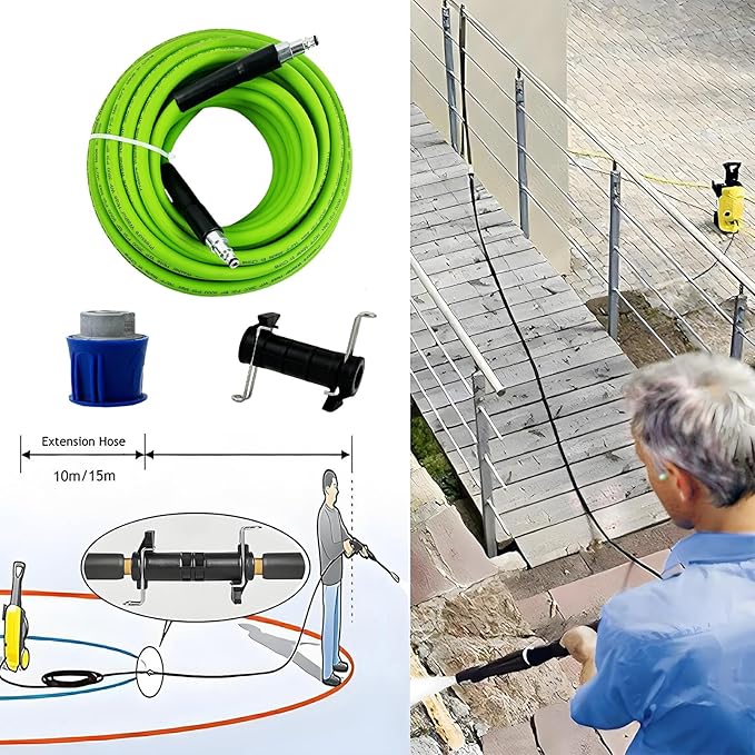 5800PSI/400Bar Ultra Flexible Pressure Washer Hose for Bosch Home Cleaning, 5M-30M High Pressure Extension Tube with Quick-Connect Adapter,(Red/Blue/Yellow/Green/Grey/Orange/Light Blue)(Green,50FT)