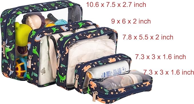 TSA Approved 5-Piece Diaper Bag Organizer Pouch Set Clear Waterproof TPU Kids Toiletry Storage Set Travel Packing Clutch Cube Bags for Baby Nursing