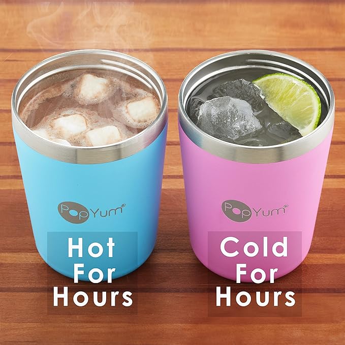 PopYum 9oz Insulated Stainless Steel Kids’ Cups with Lid and Straw, 2-Pack, Blue, Green, stackable, sippy, baby, child, toddler, tumbler, double wall, vacuum, leak proof