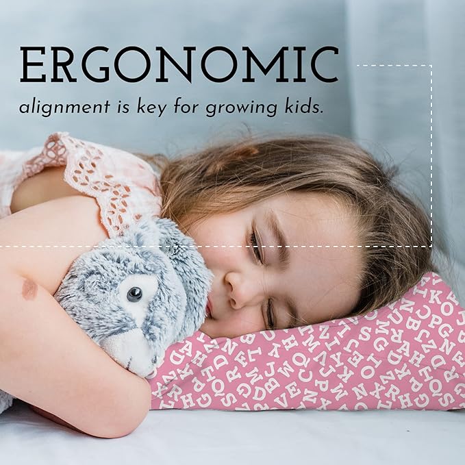 Little Sleepy Head Toddler Pillow with Pillowcase 13x18 - Kids Pillow for Sleeping - Better Neck Support Ergonomic Pillow and Toddler Pillowcase - Best Pillows for Kids (Alphabet Pink)