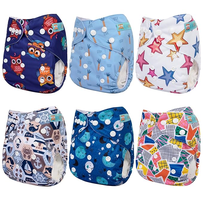 ALVA 6 Pack Cloth Diaper with 12 Inserts One Size Adjustable Washable Reusable Diaper Cover for Baby Girls and Boys