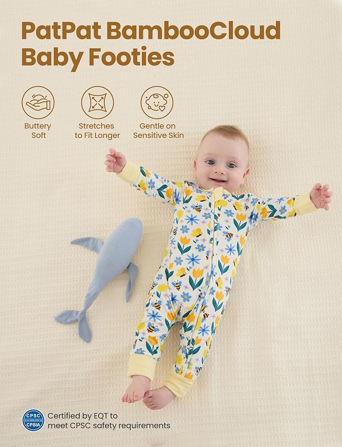 PATPAT Baby Footie Romper with Mittens for Boy and Girl, Anti-Slip & 2-Way Zipper, Long Sleeve, Viscose from Bamboo, Outfit