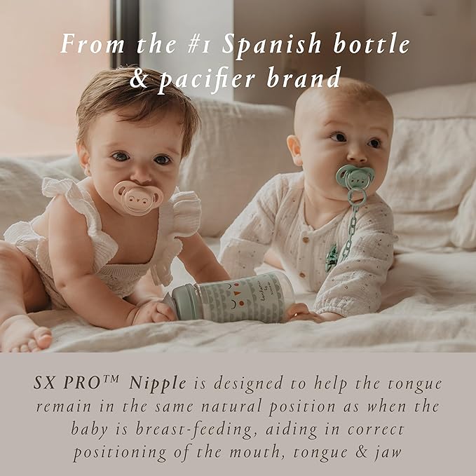 Suavinex Bonhomia SX PRO Physiological Pacifier, Supports Breastfeeding Babies, Pacifiers 0-6 Months, 2 Pack Baby Pacifier, Baby Accessories, (Mint/Beige)