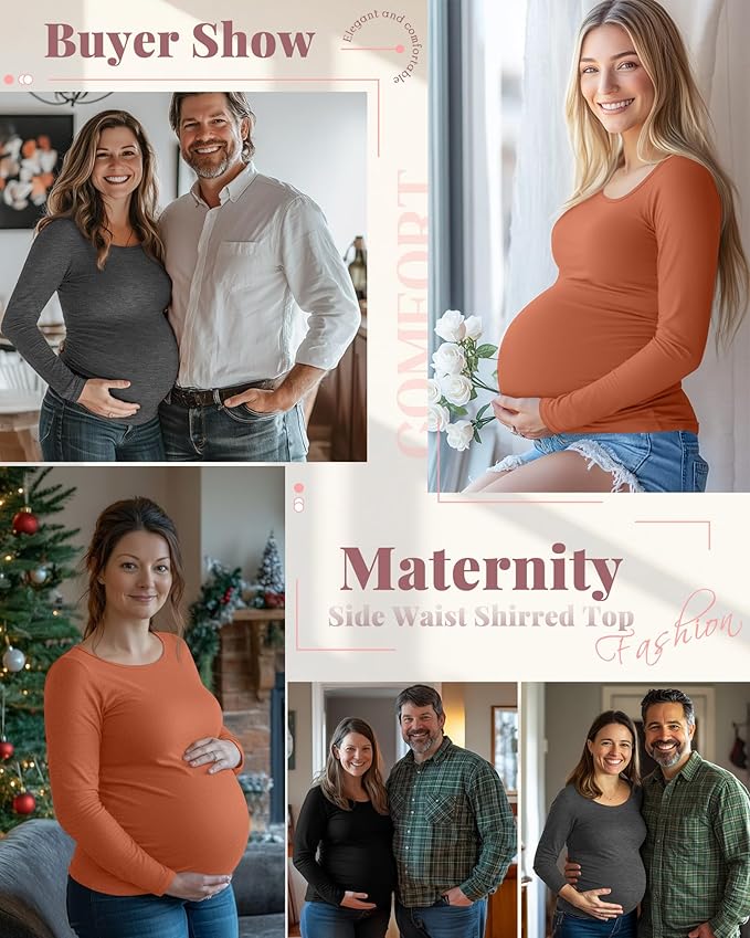 Ficerd 3 Pack Women's Maternity Shirts, Long Sleeve Side Ruched Pregnancy Tee Tops Crew Neck Casual Mama Clothes Basic Tunic