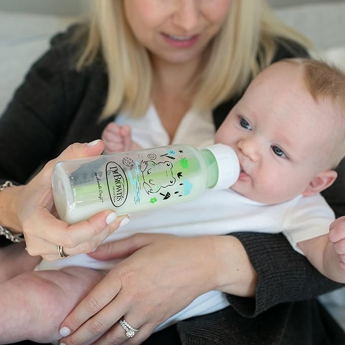 Dr. Brown's Natural Flow Anti-Colic Options+ Narrow Baby Bottle, Pig & Frog, 8 oz/250 mL, with Level 1 Slow Flow Nipple, BPA Free, 0m+, (Pack of 12)